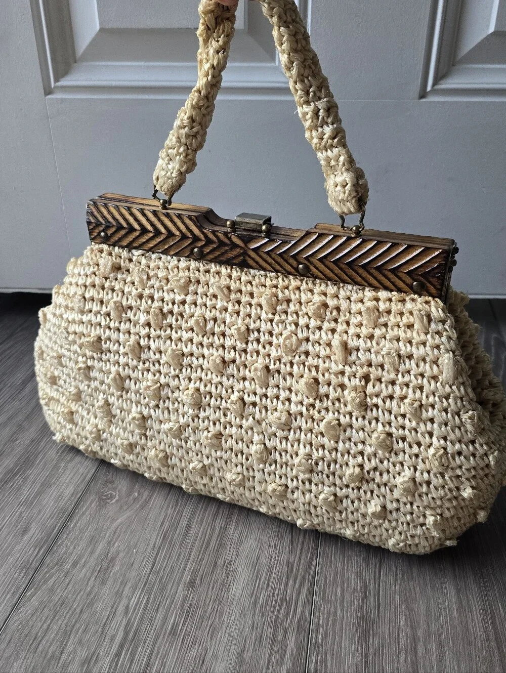 Vintage 50s 60s Raffia Straw Crochet Handbag Carved Wood Frame Made in Japan Boh